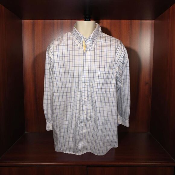 Paul Fredrick Non Iron Classic Fit Blue Yellow Check Button Up Neck 17 X 33 #74 - Picture 1 of 4